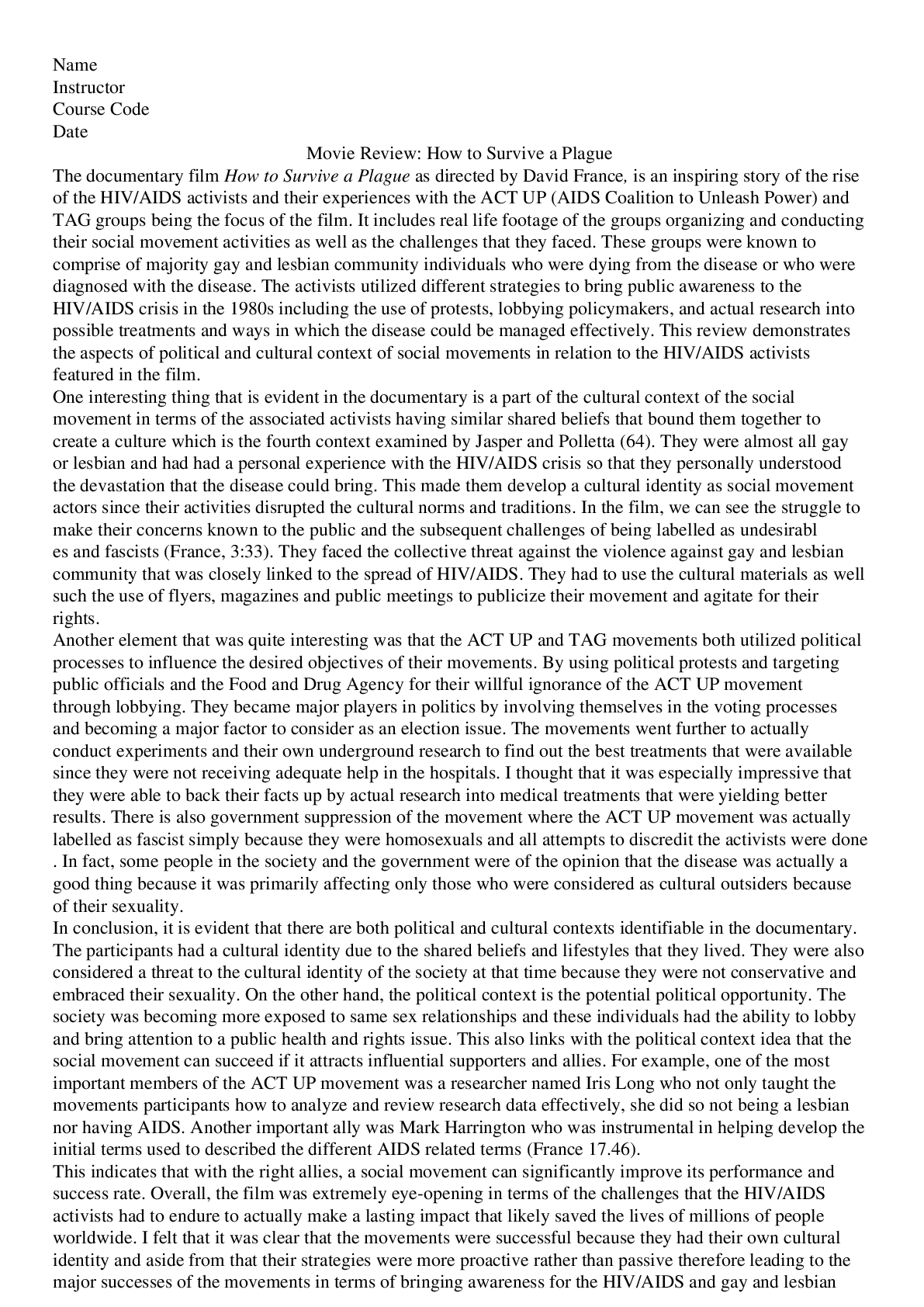 Preview image for University of Arizona SOC313 Movie Review of How to Survive a Plague as directed by David France